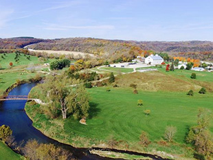 A large green field with houses on it